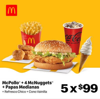 McPollo + McNuggets + Papas + Refresco + Cono a $99 en McDonald’s