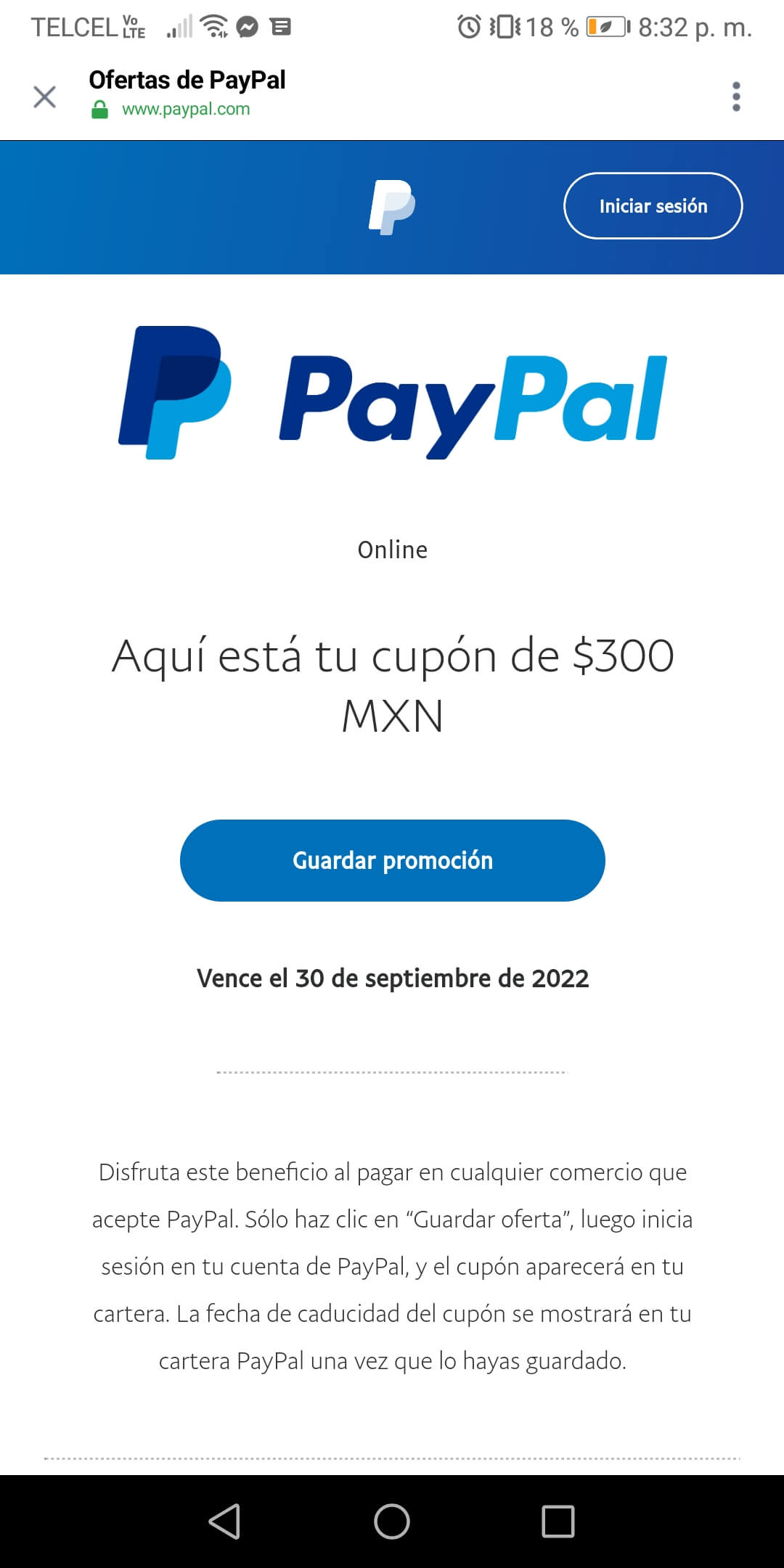Cupón PayPal de $300 pesos para usuarios seleccionados