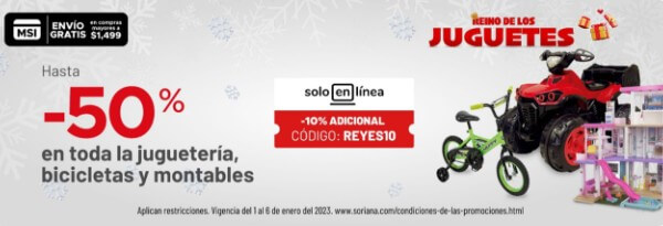 Promoción Reyes Magos: Cupón Soriana de 10% EXTRA + hasta 50% en toda la juguetería