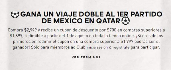 Oferta adidas: Cupón de $700 Off + concurso por un viaje doble al 1er partido de México en Qatar
