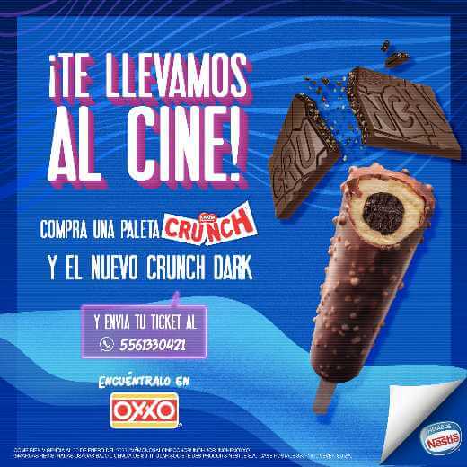 Boleto gratis para Cinemex en la compra de 2 productos Crunch en OXXO Boleto gratis para Cinemex en la compra de 2 productos Crunch en OXXO