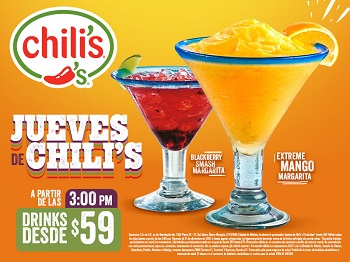 Promoción Chili’s: drinks desde $59 a partir de las 3:00 pm los jueves