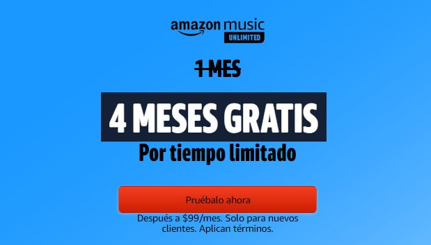 Oferta Amazon Music 4 meses gratis por tiempo limitado