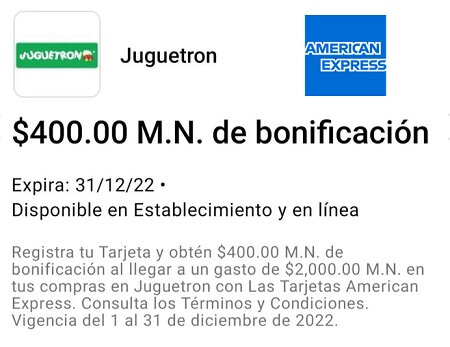 Promoción Juguetron: $400 de bonificación en compras desde $2,000 con Amex