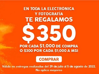 Hasta $350 de regalo x cada $1,000 de compra en electrónica y fotografía en La Comer