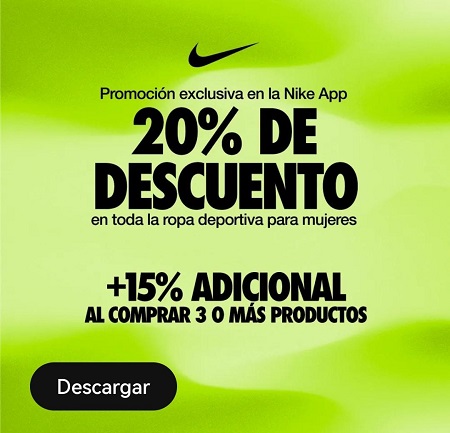 20% de descuento en Ropa Deportiva para Mujer + 15% adicional al comprar 3 o más productos en Nike App