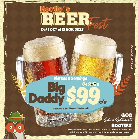 Promoción Hooters: cerveza de barril 900 ml a sólo $99 durante el Beer Fest