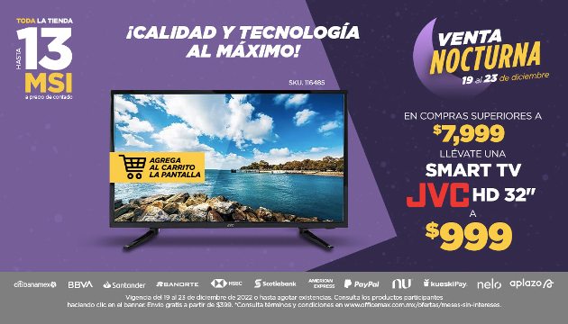 TV JVC Roku 32" a solo $999 por promoción Venta Nocturna OfficeMax