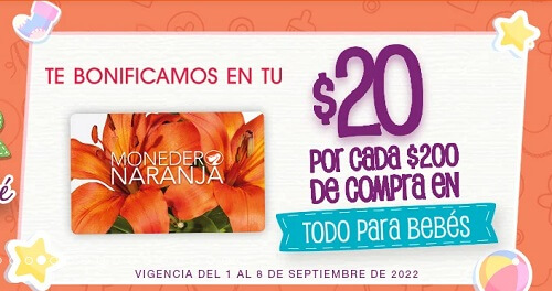 $20 de bonificación en Monedero Naranja al comprar $200 en Todo para Bebés en La Comer
