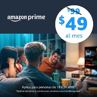 Promoción Amazon Prime solo $49 pesos al mes durante 3 meses para personas entre 18 y 24 años