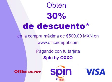 Obtén 30% de descuento en compras de hasta $500 en Office Depot pagando con Spin by OXXO