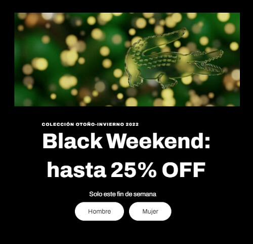 Black Weekend Lacoste: hasta 25% de descuento en toda la tienda + envío gratis