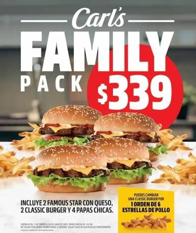 Carl’s Family Pack 2023: 2 famous star con queso + 2 classic burger + 4 papas por sólo $339