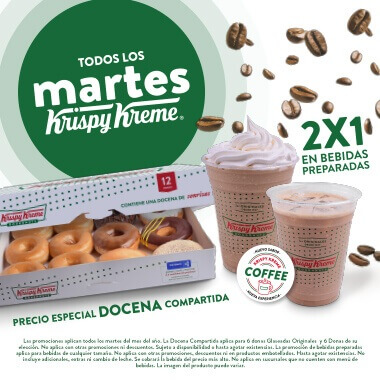 Oferta Krispy Kreme: MARTES de docena compartida a $215 y 2x1 en bebidas preparadas