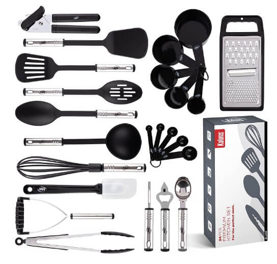 Juego de 24 utensilios de cocina de nailon y acero inoxidable, antiadherentes y resistentes al calor por $399 en Amazon