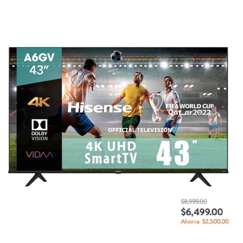 $2,500 de ahorro en smart tv Hisense 43 Pulgadas 4K Ultra HD + soporte sin costo con cupón Walmart