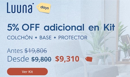 Kit de colchón + base + protector con 5% Off adicional en Luuna