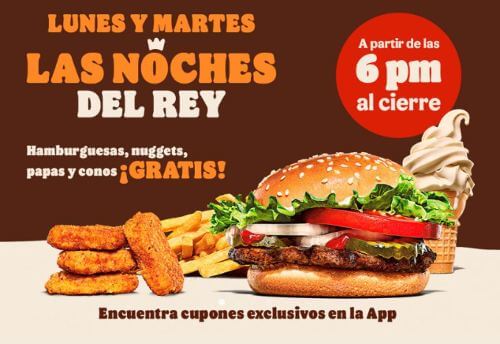 Promoción Burger King productos gratis en Noches del Rey lunes y martes