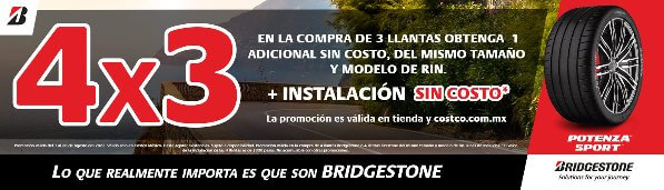Oferta Costco 4X3 en llantas Bridgestone + instalación sin costo
