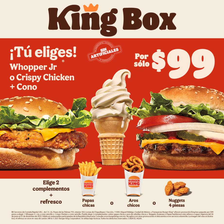 Promoción King Box Burger King con Hamburguesa + cono + 2 complementos + bebida por tan solo $99
