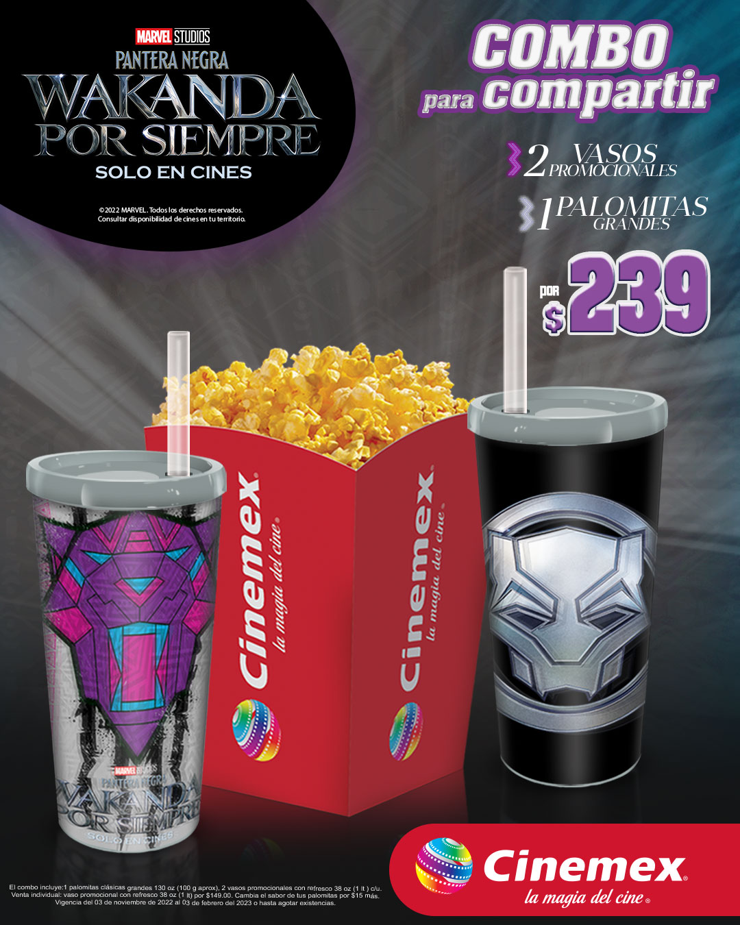 Combos Cinemex con vasos y palomera de Wakanda por Siempre por $239