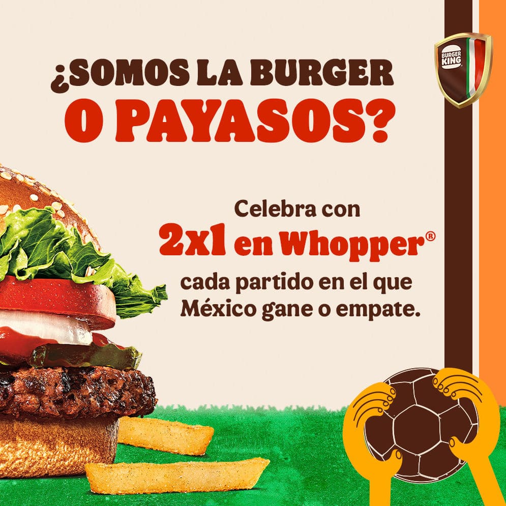 Promoción Burger King 2X1 en Whopper cada partido que México gane o empate en el Mundial