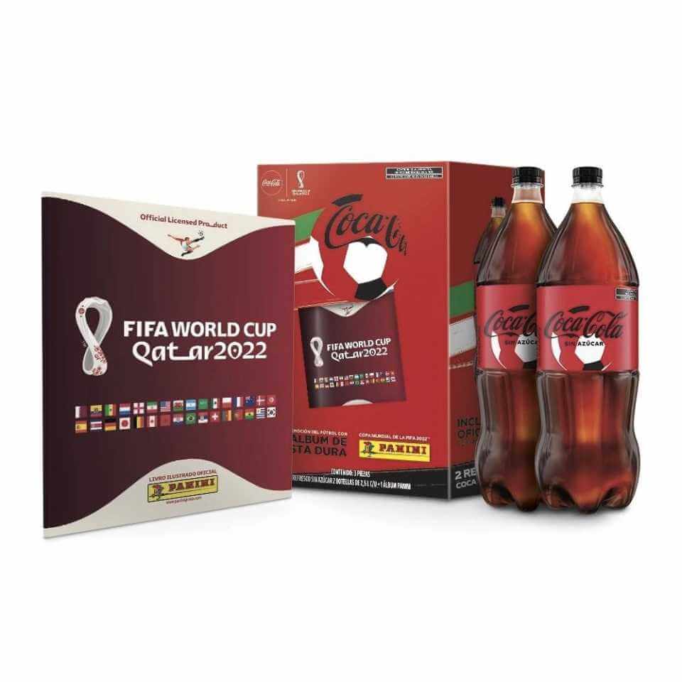 Paquete de 2 botellas Coca-Cola sin azúcar 2.5L + Álbum Panini del mundial pasta dura por solo $60 en Walmart Express