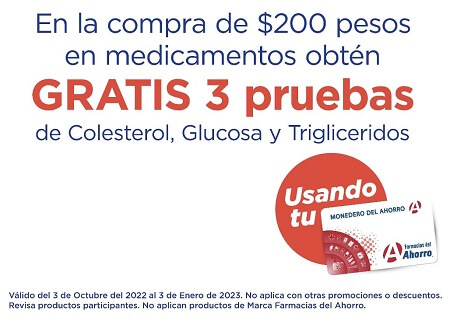 Obtén 3 pruebas clínicas GRATIS en la compra de $200 en medicamentos en Farmacias del Ahorro