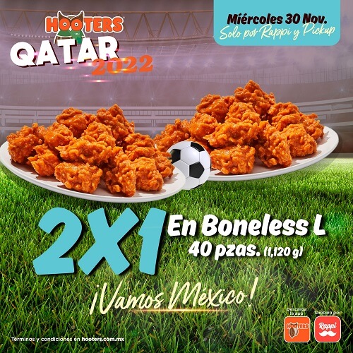 ¡SOLO HOY! Apoya a México en el Mundial Qatar 2022 con 2×1 en boneless en Hooters (Rappi y PickUp)
