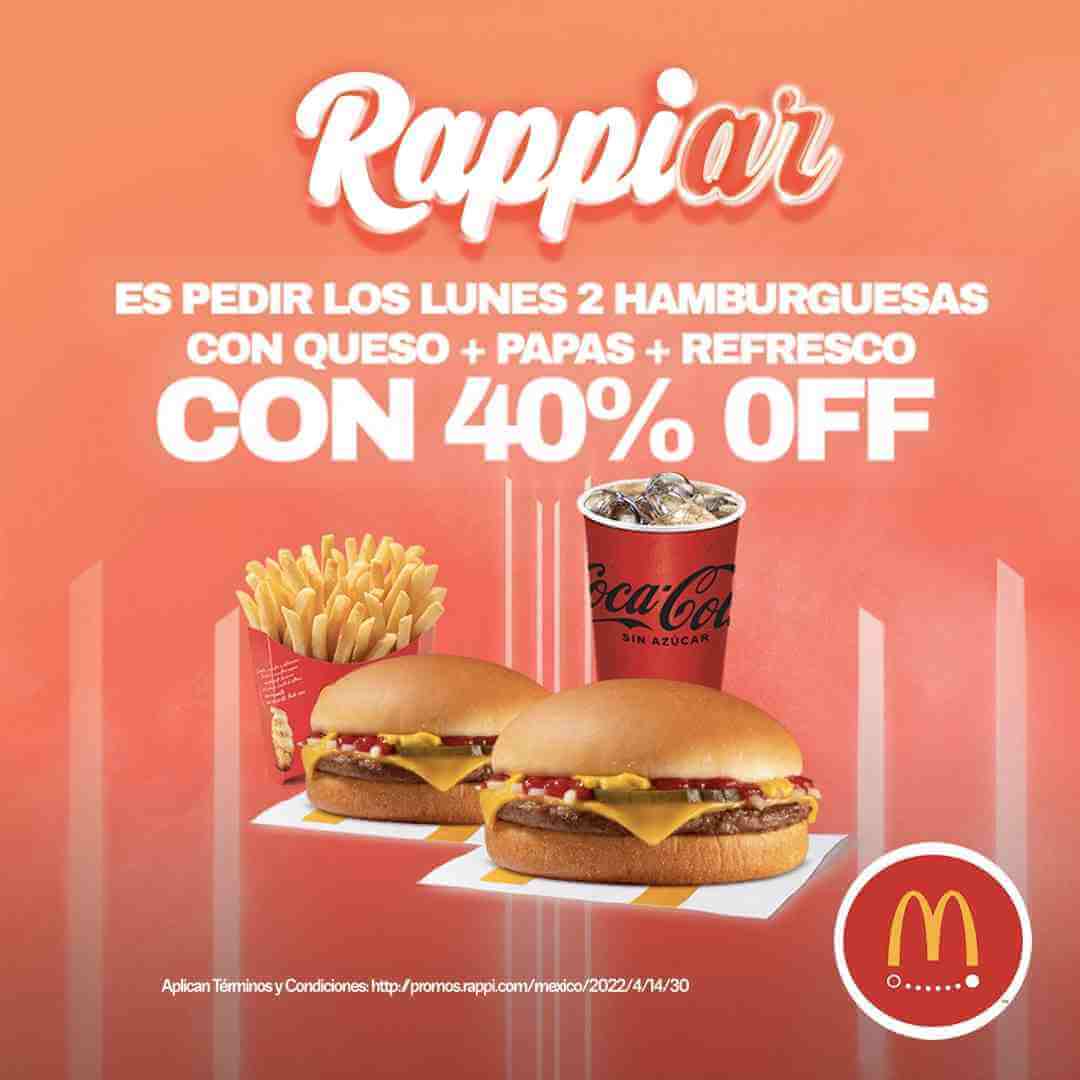 Oferta Rappi: 40% de descuento en dos hamburguesas con queso + papas + refresco en McDonal'ds SOLO los lunes