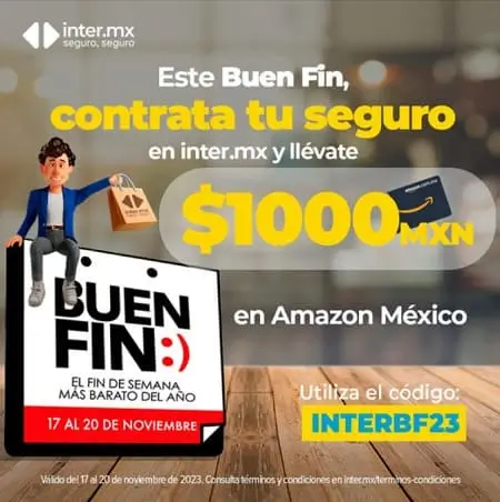 Obtén $1,000 para Amazon al contratar tu seguro de auto Inter en el Buen Fin 2023