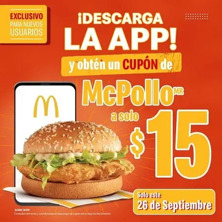 ¡SOLO HOY! McPollo a $15 al descargar McDonald’s App