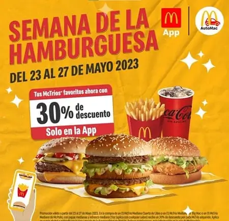 Cupón del 30% de descuento en McTríos participantes en McDonalds app durante la Semana de la Hamburguesa (23-27 mayo)