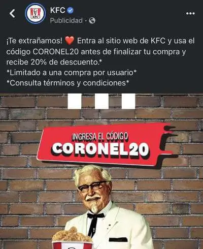 Cupón KFC: 20% Off en tu primera compra desde la web