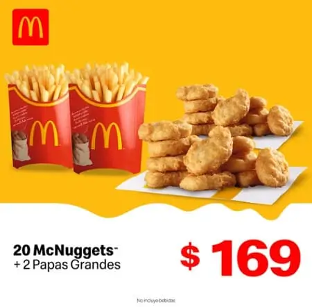 20 McNuggets + 2 papas grandes a $169 con cupón McDonald’s
