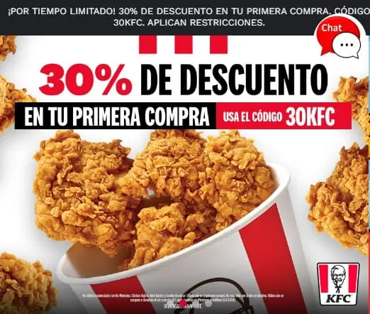 Cupón de 30% de descuento para tu primer pedido en la web en KFC