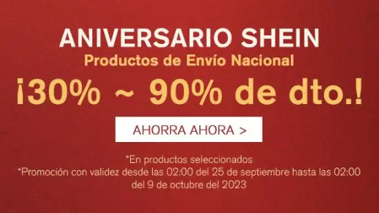 Aniversario Shein: hasta 90% OFF en productos de envío nacional + 15% extra con cupón MEGAdescuentos