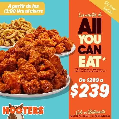 Martes de Todo lo que puedas comer a $239 en Hooters