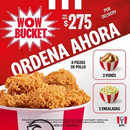 Wow Bucket KFC: 8 pzs + 2 purés + 2 ensaladas a $275