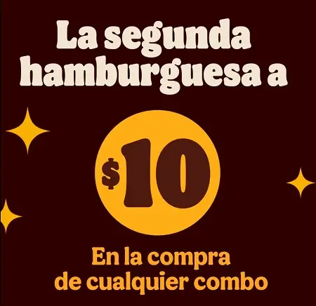 Noches Burger King: Segunda hamburguesa a $10 comprando cualquier Combo