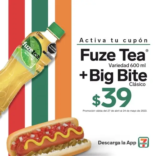 Fuze Tea de 600 ml + Big Bite clásico por $39 con cupón 7 Eleven