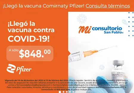Vacuna COVID-19 Comirnaty Pfizer a solo $848 en Mi Consultorio San Pablo