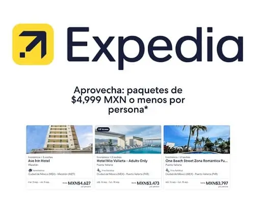 Paquetes de Hotel + Vuelo  de hasta $4,999 por persona en Expedia
