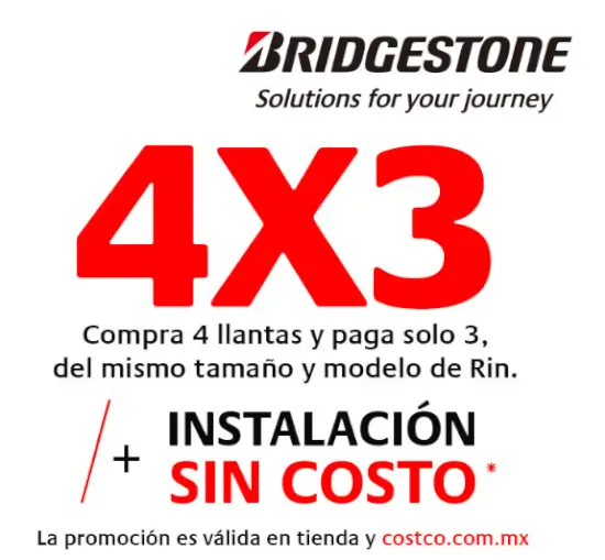 Compra 4 llantas Bridgestone y obtén una GRATIS + instalación sin costo en Costco