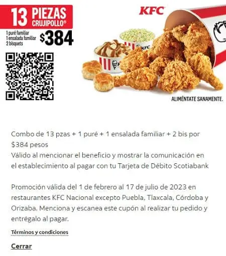 Combo KFC por $384 al pagar con débito Scotiabank