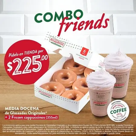 Combo Friends: Media Docena + 2 Frozen Cappuccinos a $225 en Krispy Kreme