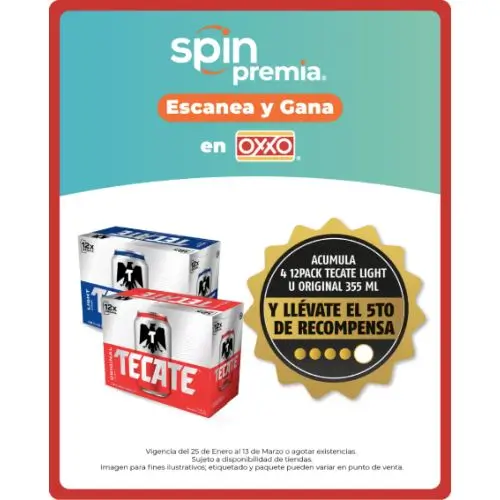 GRATIS Quinto 12 pack de cervezas Tecate con Spin Premia en OXXO