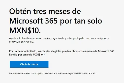 Tres meses de Microsoft 365 Familia por solo $10 (clientes elegibles)