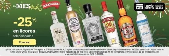 Tequilas, mezcales y licores seleccionados con 25% de descuento en Soriana