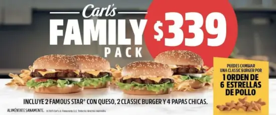 Oferta Carl’s Jr: Family Pack desde $339 con 4 hamburguesas y papas